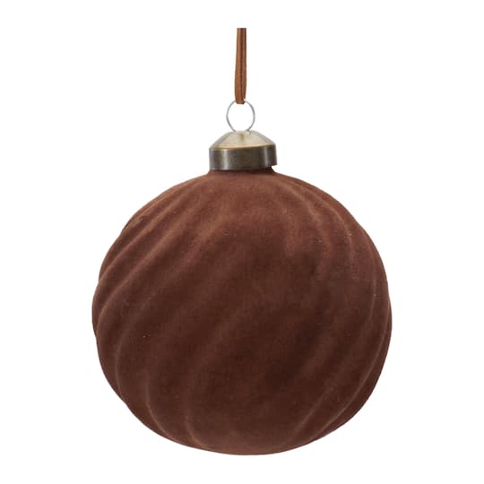 Melrose Brown Flocked Ribbed Glass Ball Ornament Set